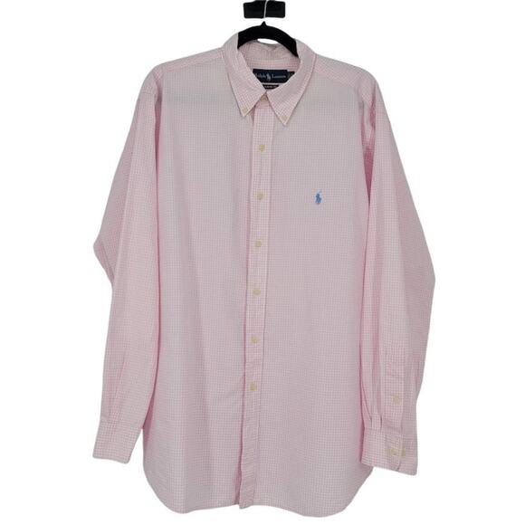 Ralph Lauren Mens White Pink Gingham Classic Fit Button Down Shirt Size 17.5 - Picture 1 of 3